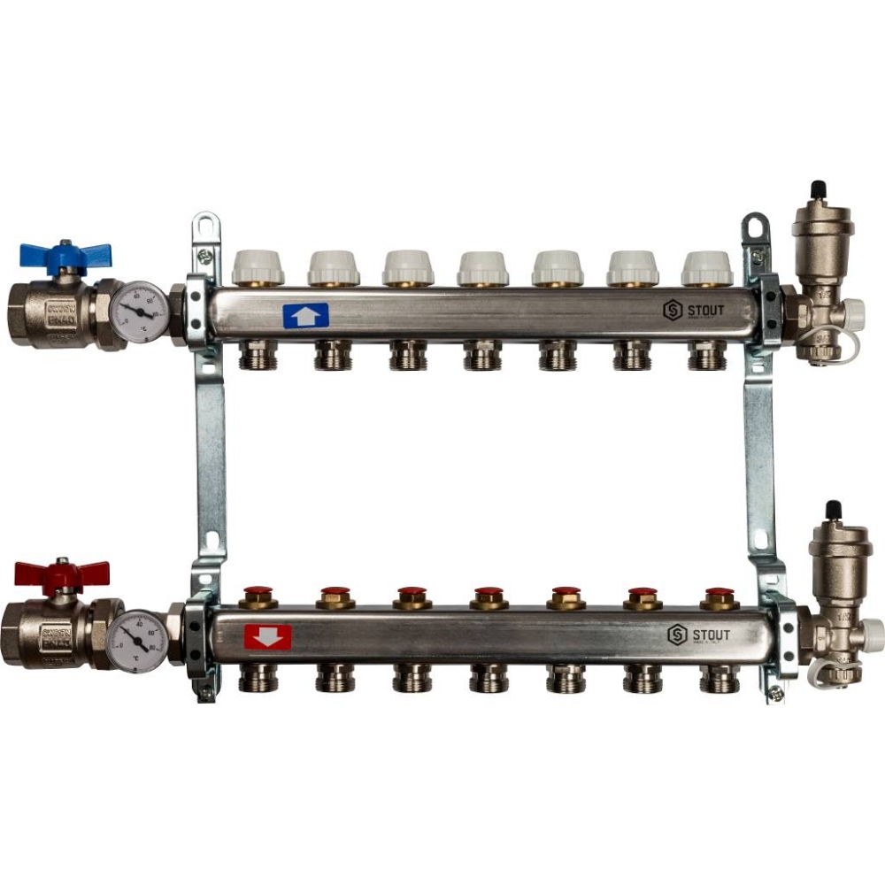 Коллектор из нерж. стали для систем напольного и радиат. отопления с вентилями на 7выходов STOUT /1/